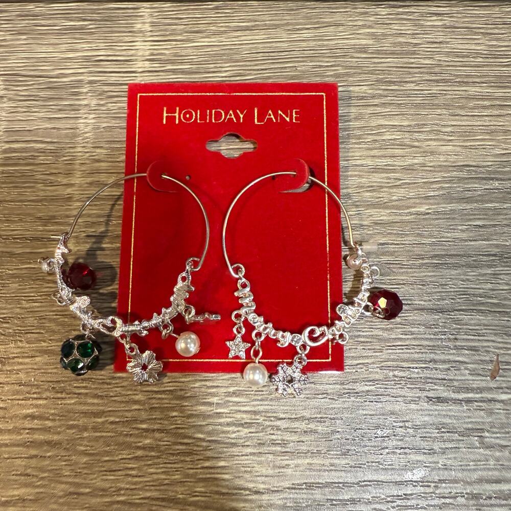 Holiday Lane Silver Tone Multicolor Merry Christmas Hoop Earring NWT